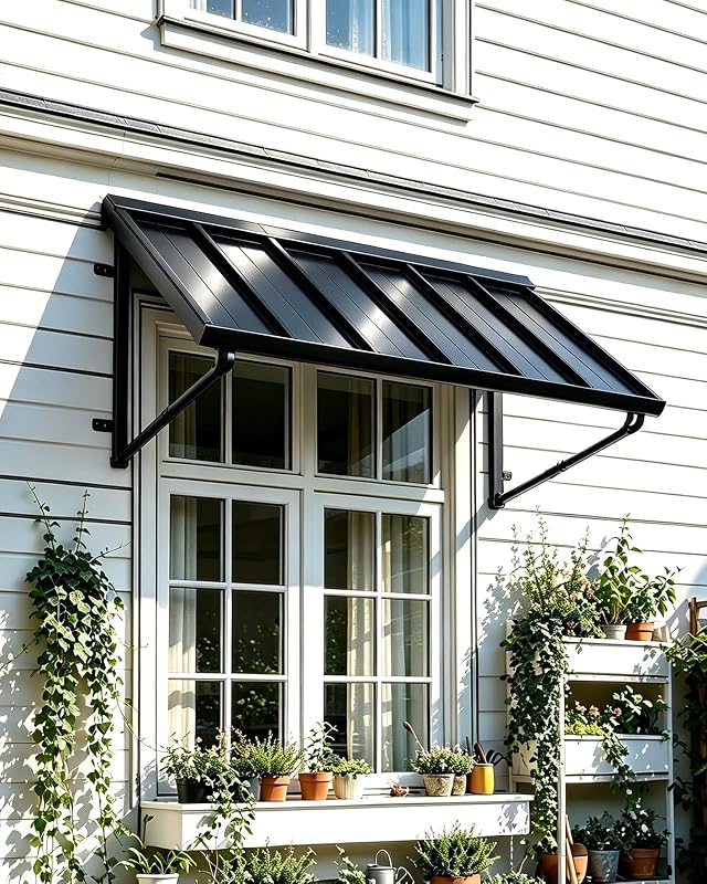 GDPFN Adjustable Metal Door Window Awning, 41" W×32" D Freely Tilt Original | All-Weather Rain,UV & Snow Protection, 10-Level Wind Resistant, Fits Any Wall, Built-in Gutter, 300lb Capacity, Dark Gray
