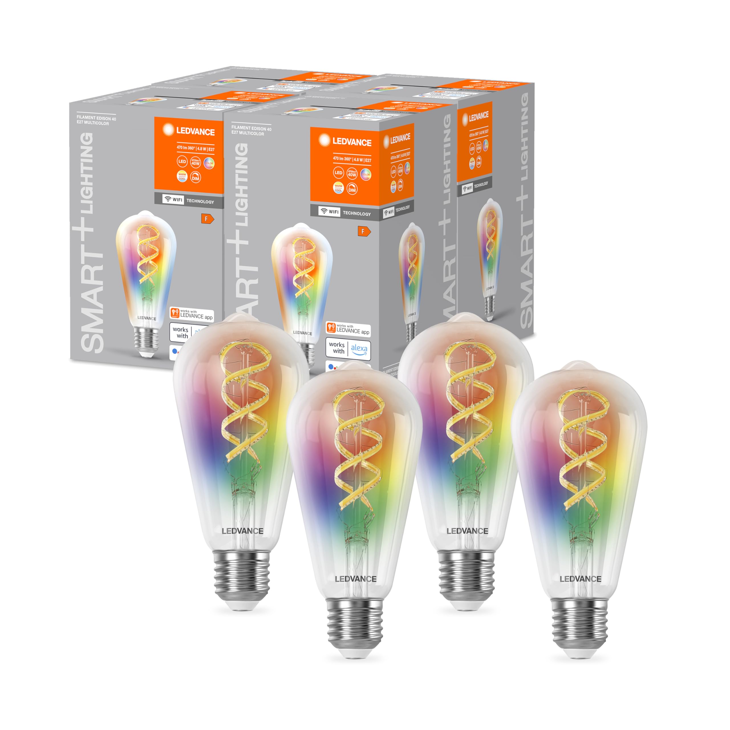 LEDVANCE Bombilla LED inteligente con tecnología Wifi, E27, colores RGB cambiables, forma Edison, filamento de color como luz de ambiente, controlable con Alexa, Google y App