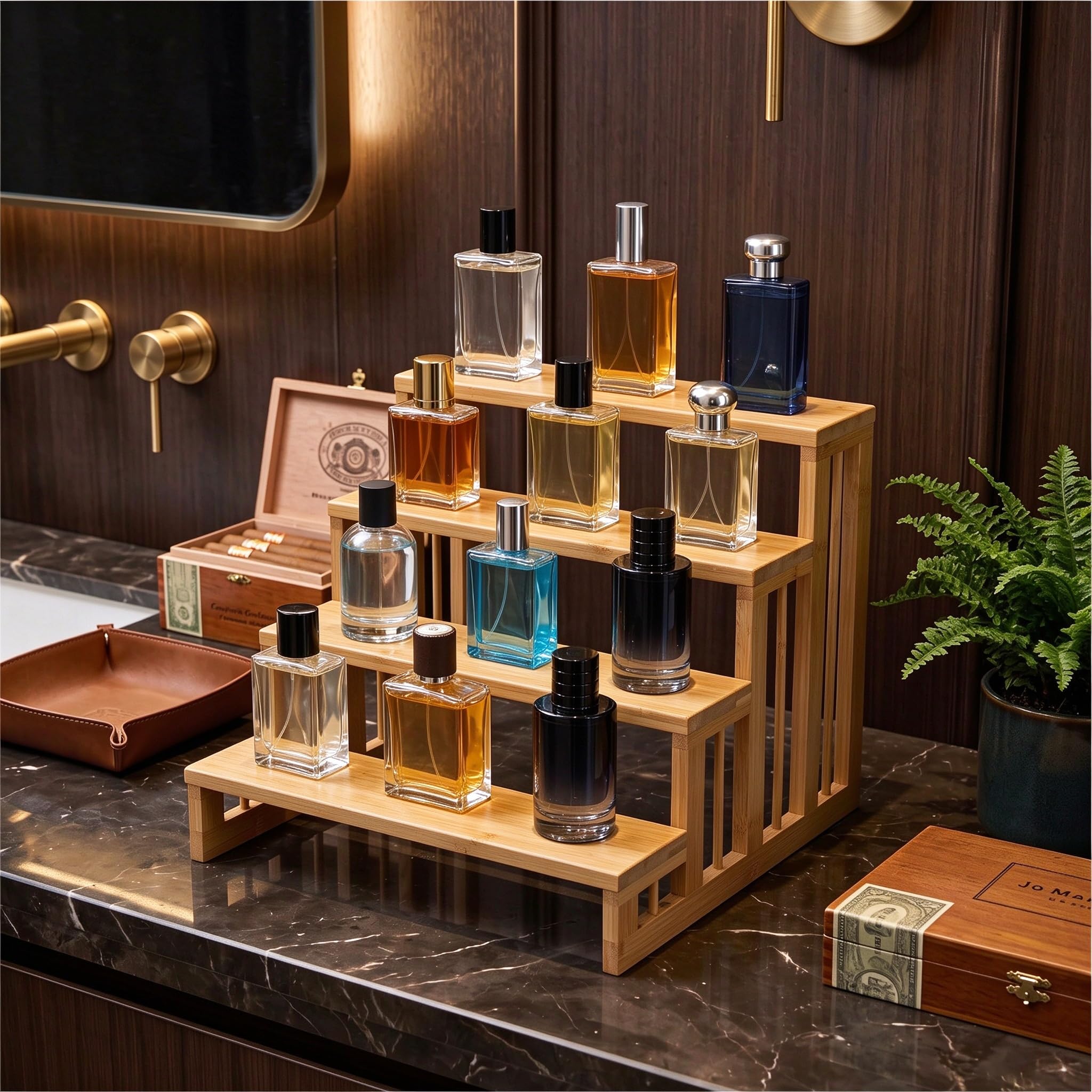 Soporte elevador de bambú, perfume y colonia para hombre