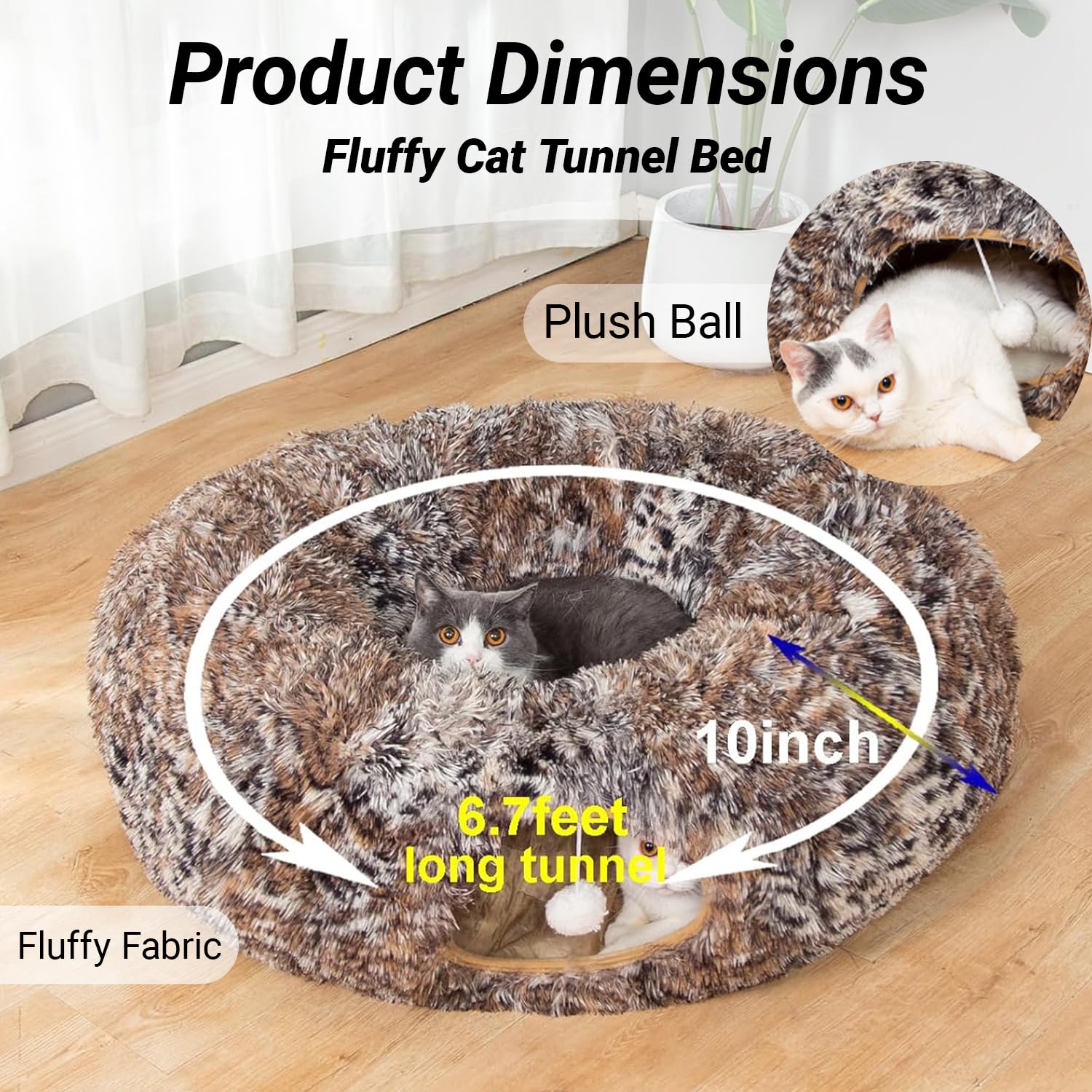 Cama tipo túnel de felpa cálida y esponjosa con cojín lavable, tubo grande, juguetes de 3 pies de diámetro, plegable, para interiores, gatos, gatitos, cachorros, conejos, hurones, leopardos
