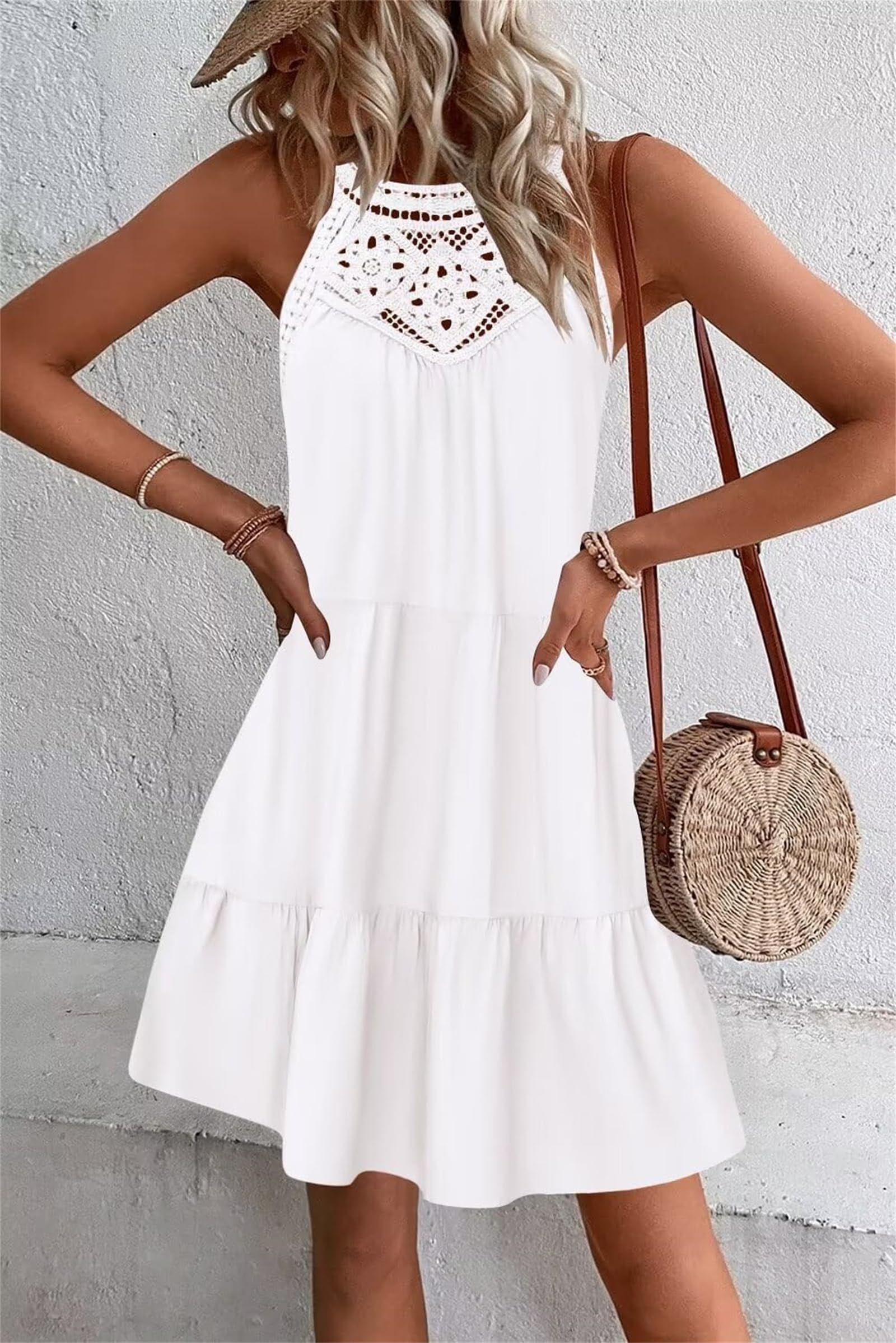 Vestido Halter Hueco de Verano para Mujer, Vestido Casual sin Mangas, Mini Vestido Fluido, Vestido de Playa con gradas
