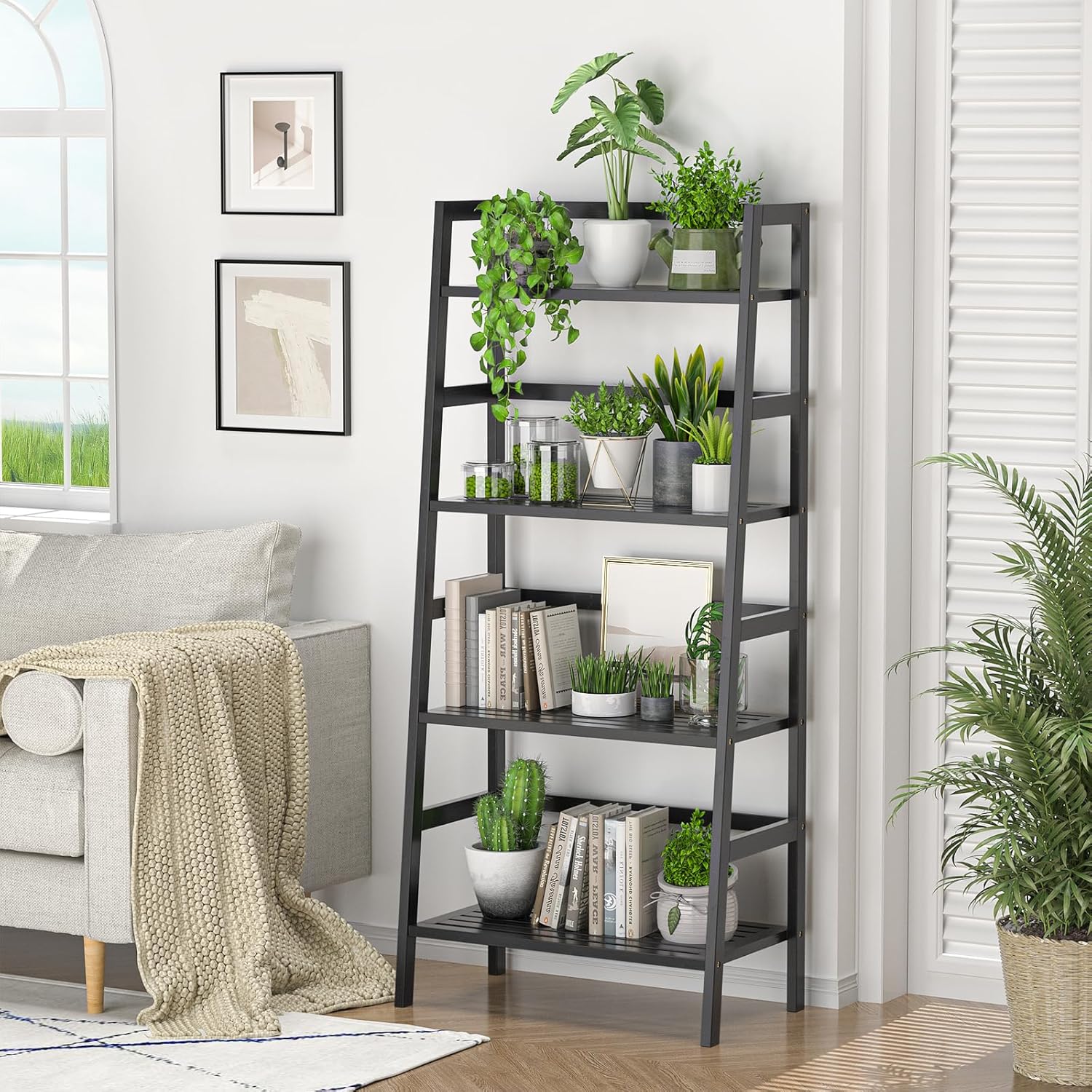 Homykic Bamboo Over The Toilet Storage and Ladder Shelf Bundle, Black