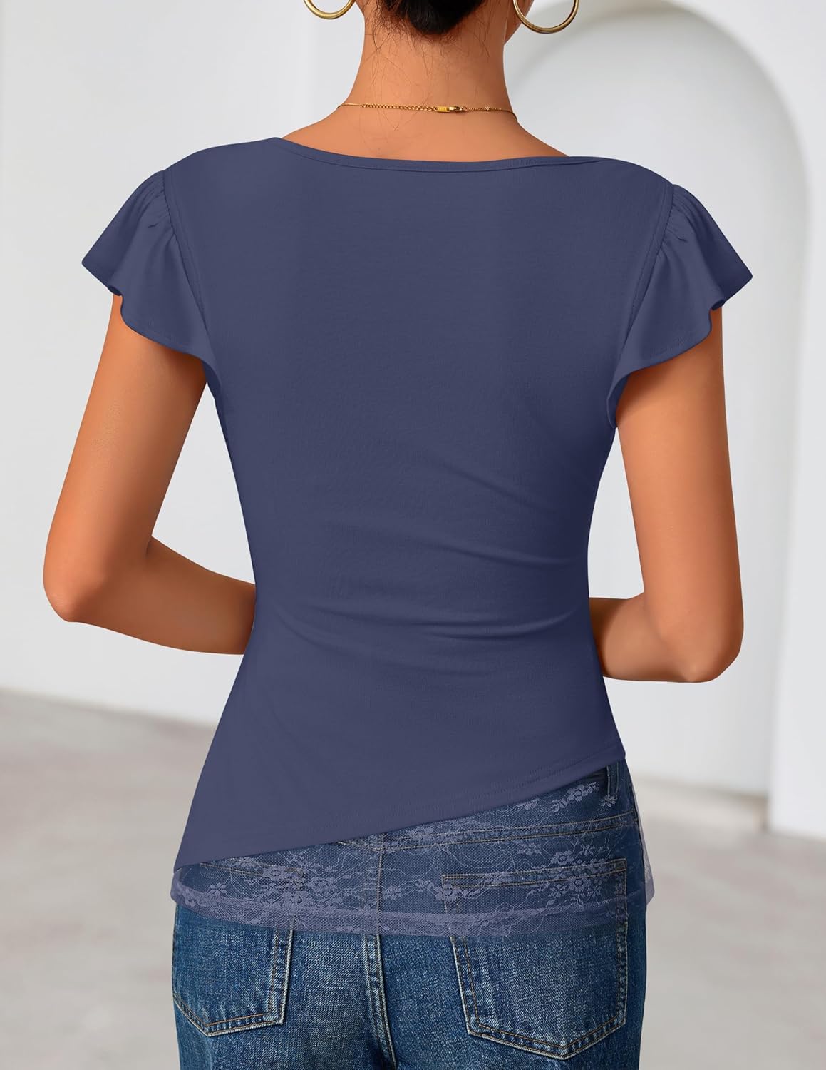 ZESICA Women's Summer Ruffle Short Sleeve Lace Tops Cowl Neck Solid Color Trendy Work Shirts Going Out Blouses - Image 5