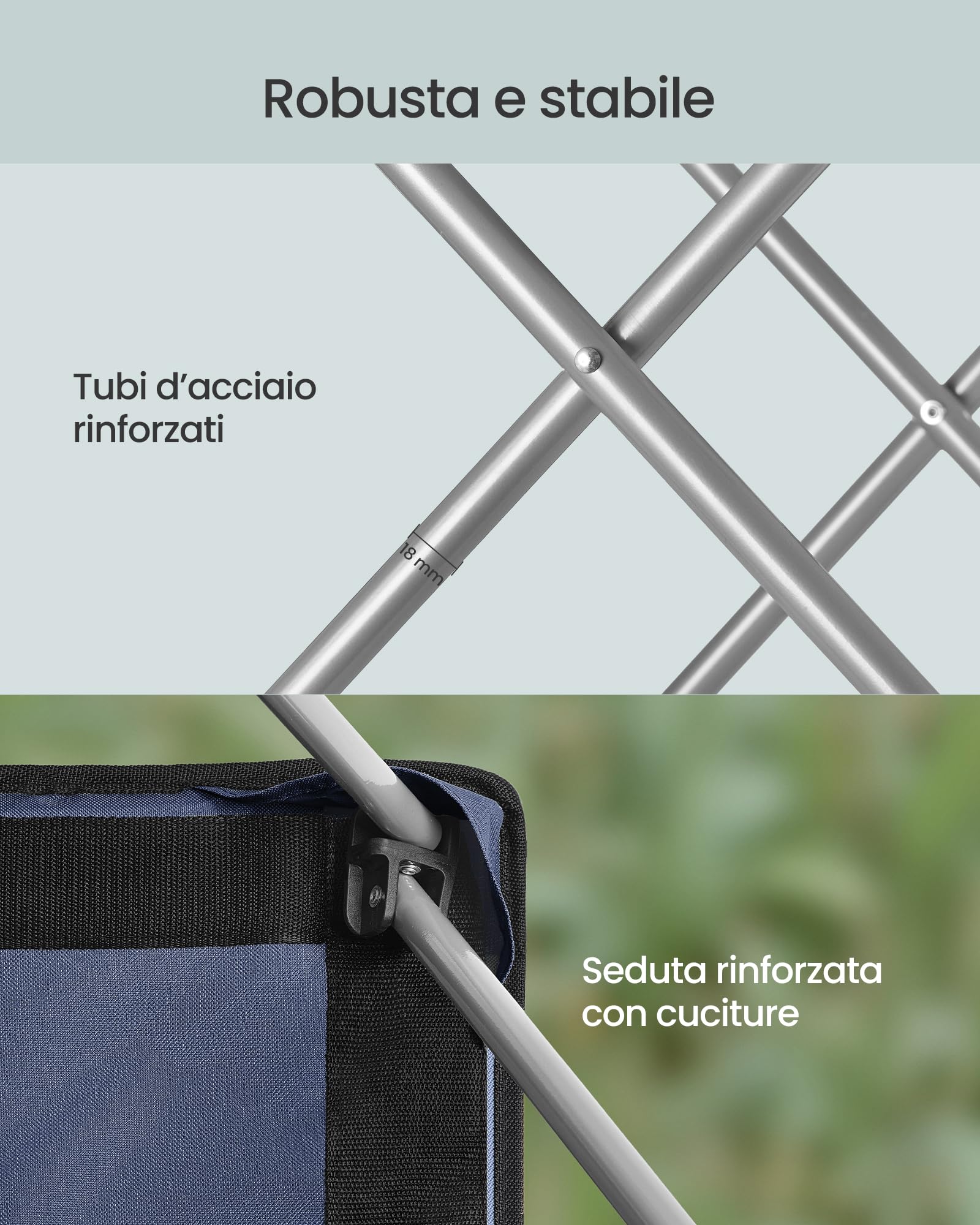 SONGMICS Sedia da Campeggio, Sedia Pieghevole e Portatile con Seduta Ampia, Schienale Alto, con Portabicchiere, Supporto per Cellulare, Organizzatore in Tessuto, Blu e Grigio GCB005QE01
