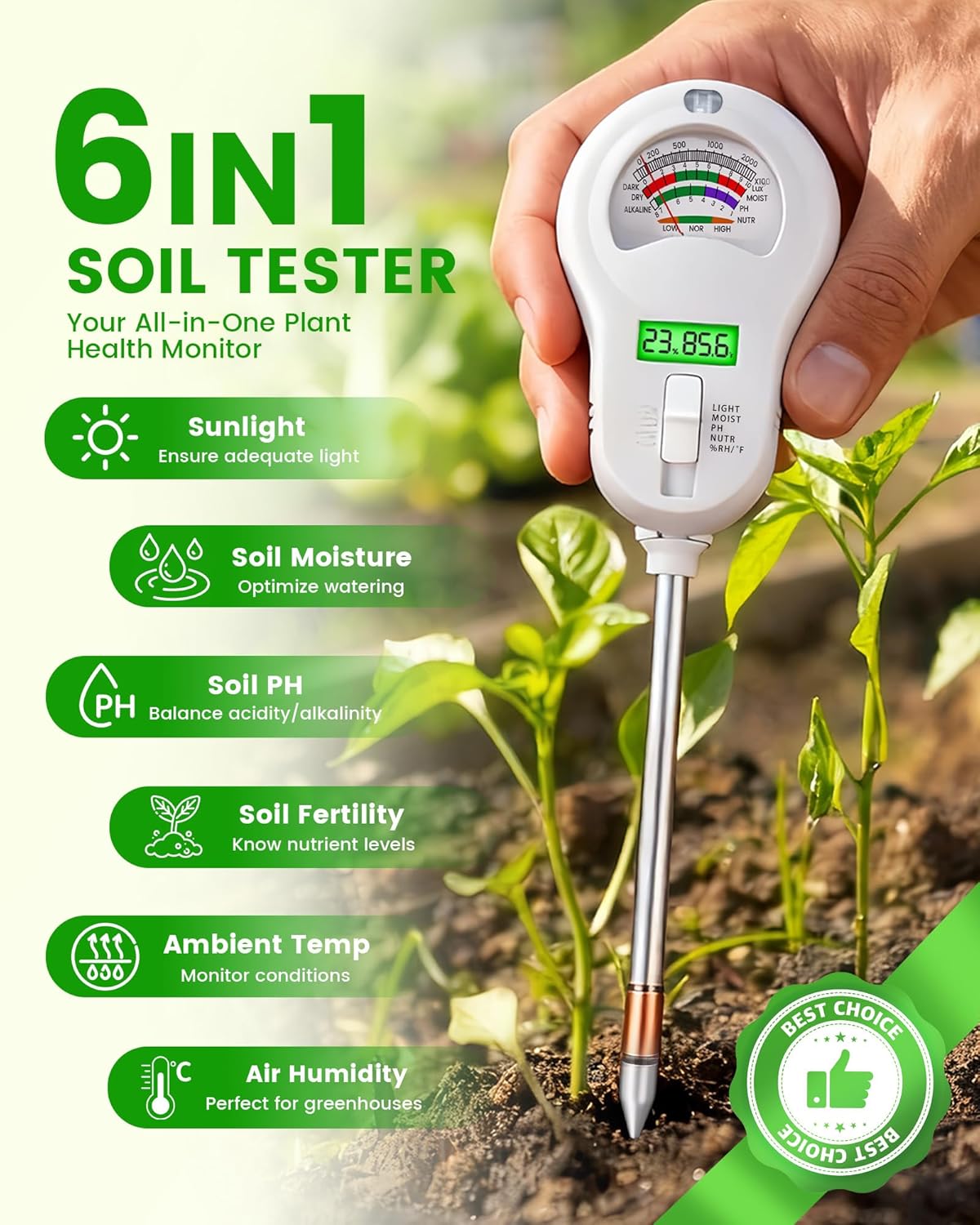 6-in-1 Soil Moisture Meter with 3 Probes, PH/Sunlight/Soil Moisture/Fertility with 3 Removable Probe, Digital Air Temp/Humidity, Soil Tester for Garden, Lawn, Indoor and Outdoor Plants