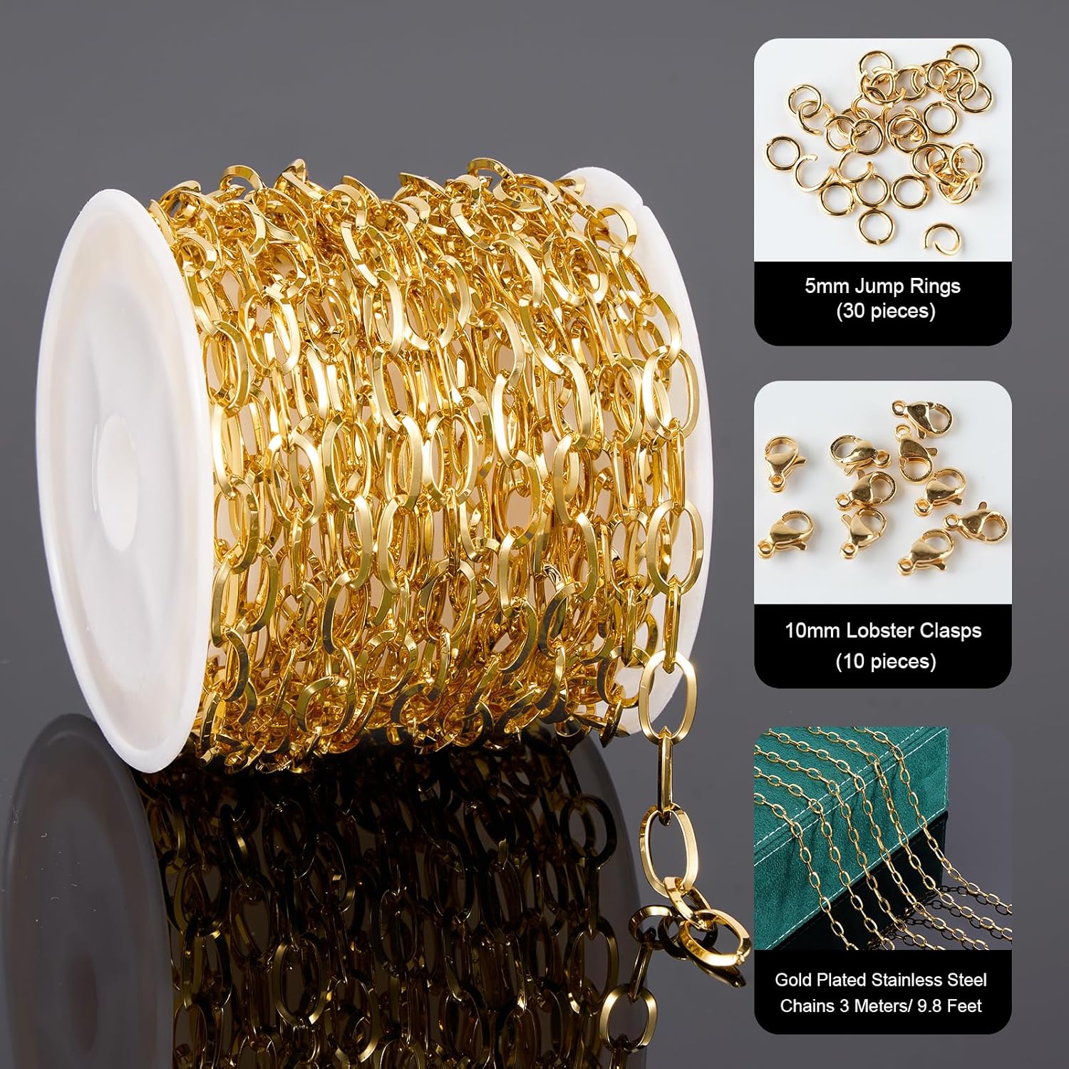 UMAOKANG 3 Meters 18K Real Gold Plated Stainless Steel Chain for Jewelry Making Oval Link Chains Bulk on Spool - Image 2