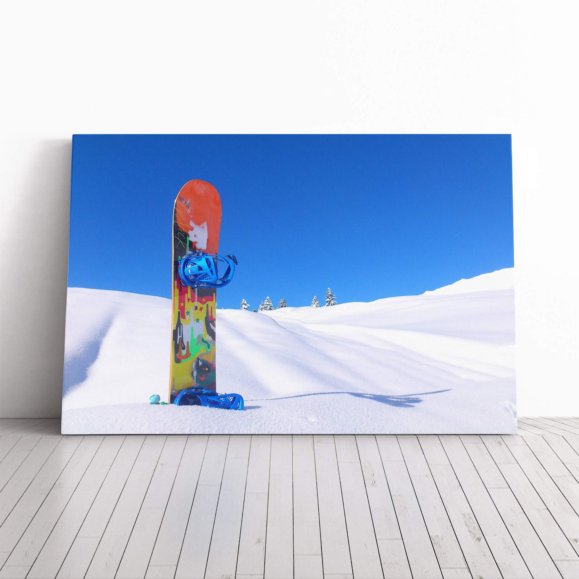 Snowboard in The Snow Canvas Print | Gallery Wrapped 30mm Frame Wall Art | 24x16 inches | Ready to Hang | Contemporary Landscape Picture | Living Room Bedroom Lounge Office
