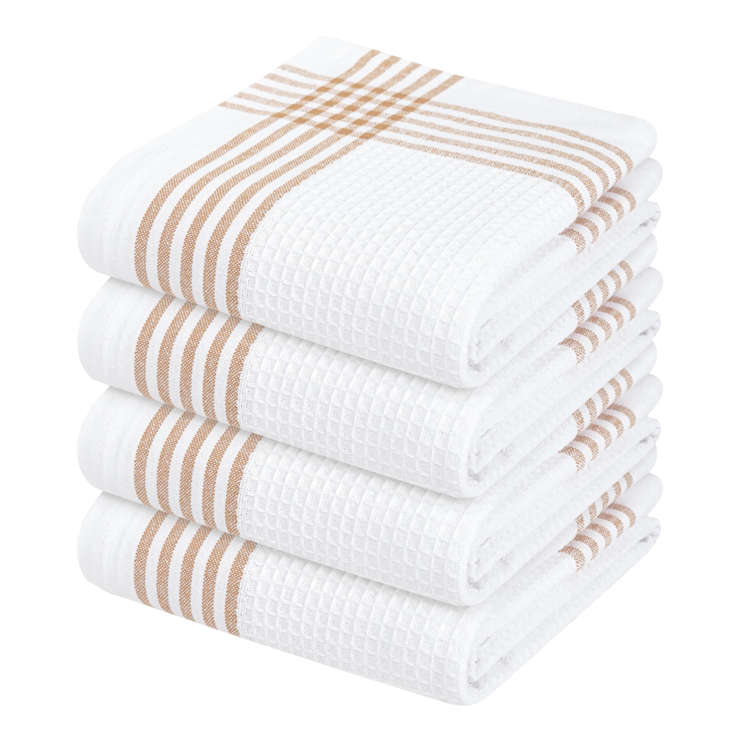 Waffle White &amp; Brown 4 Pack Kitchen Towels Set, 100% Cotton, 16x26 inches, Professional Quality Cleaning Towel for Bar, Home, Restaurant Use, Absorbent Dish Cloths for Drying Dishes