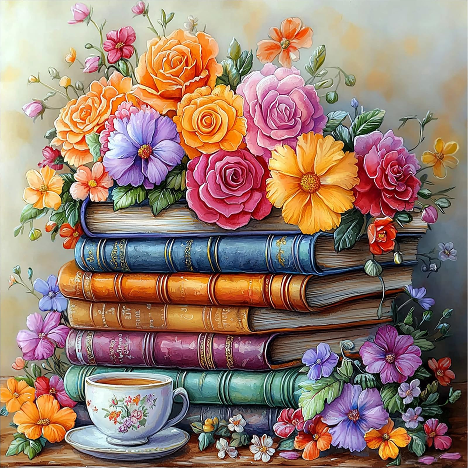 Lxmsja Books Flowers Diamond Art Kits for Adults, Coffee Cup Diamond Painting Kits for Beginners, 5D DIY Full Drill Gem Art Crafts for Adults, Home