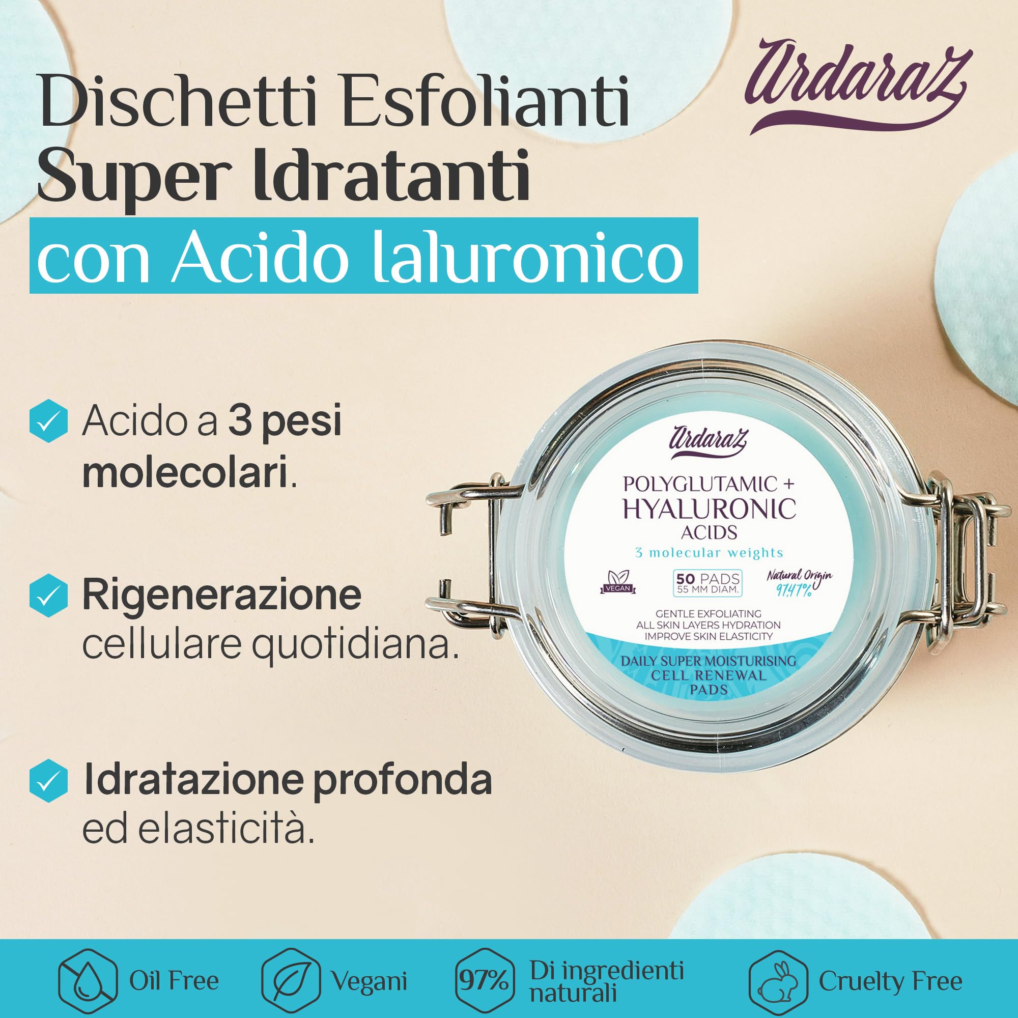 Ardaraz Dischetti di Rinnovamento Cellulare con Acido Ialuronico Viso e Poliglutammico. Dischetti imbevuti in tonico viso idratante con Effetto Volume, Peeling Viso delicato per uso quotidiano 50 pz