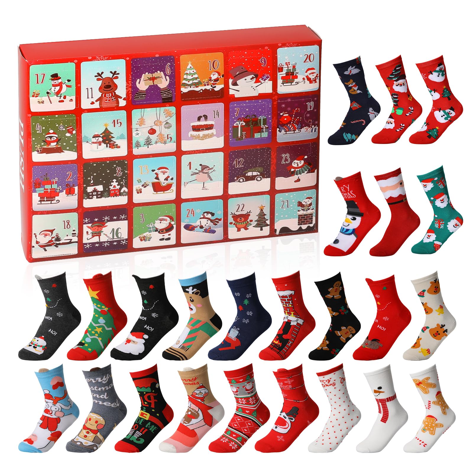 24 paires de chaussettes de Noël Calendrier de l'Avent 2025, calendrier de 24 jours, chaussettes parfaites pour cadeau pour hommes et femmes, ensemble de chaussettes douillettes de Noël pour adultes