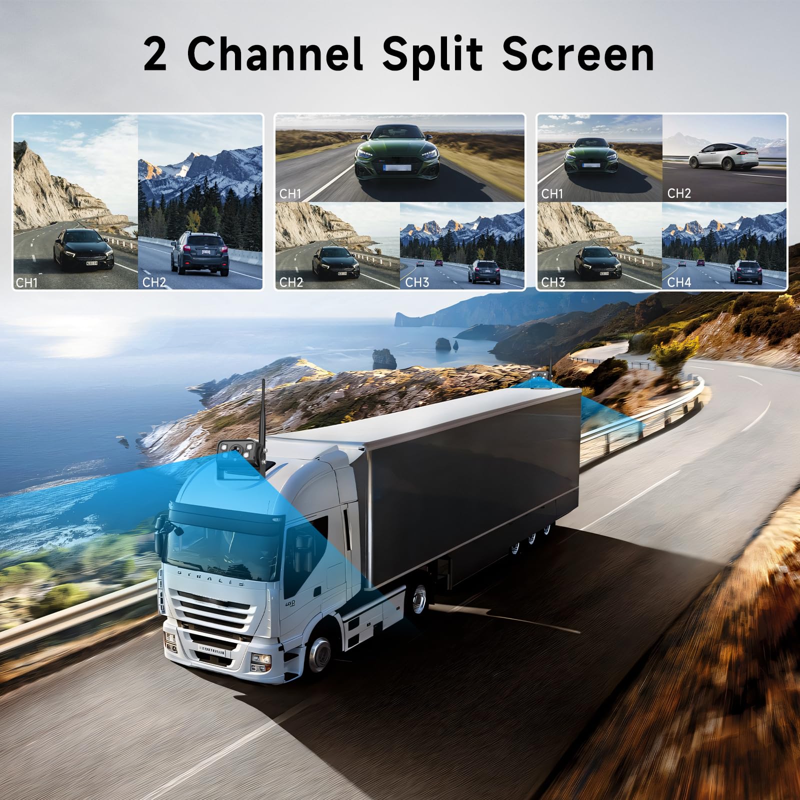 Podofo 2 caméras de recul sans Fil avec écran 9" IPS, caméras de recul HD pour Camion, remorque, Camping-Car, Bus, Enregistrement en Boucle, IP68, étanche BSD Dash Cam