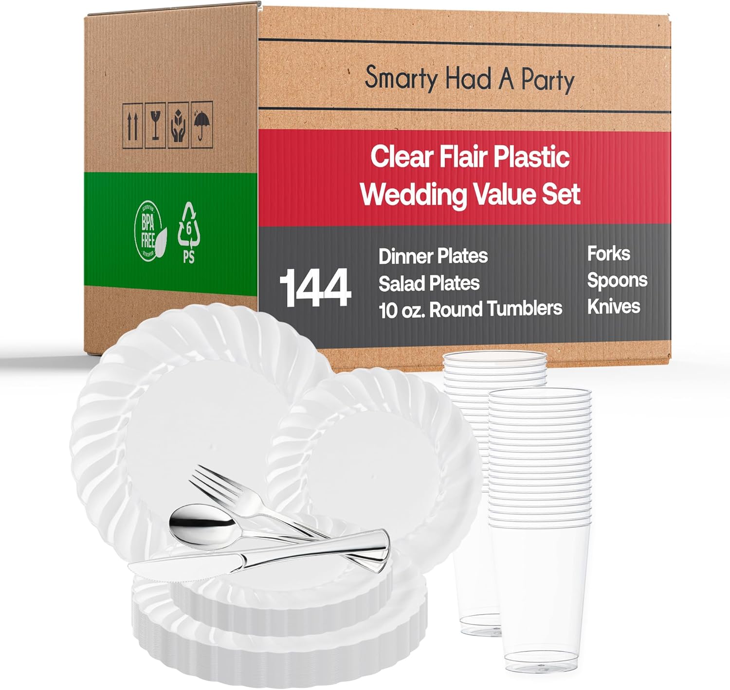 Elegant Disposable Plastic Dinnerware Set for 144 Guests-Flared Clear Dinner Plates, Dessert Salad Plates, Silver Cutlery Set & Cups For All Occasions