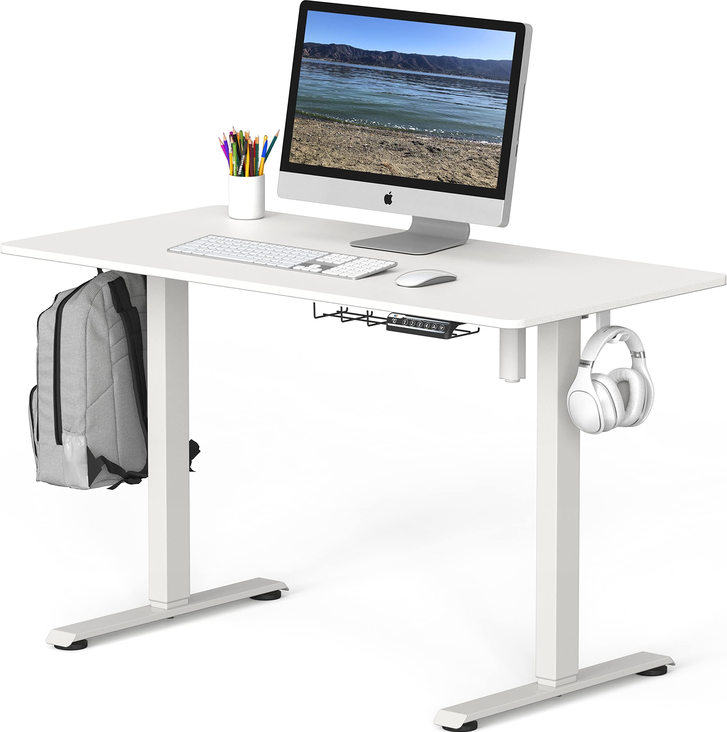 SHW 48-Inch Electric Height Adjustable Sit to Stand Desk with Hanging Hooks and Cable Management, White Frame and White Top
