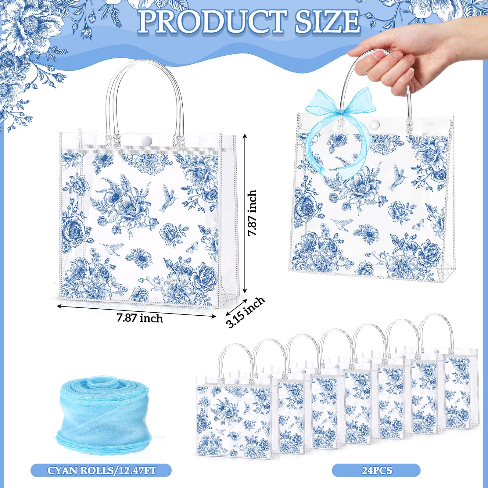 Hosuly 24 Pcs Blue Floral PVC Gift Bags with Bow Ribbon Clear Vintage Chinoiserie Flower Bags Blue Wildflower Goodie Handbags for Wedding Bridal Shower Birthday Party Supplies, 7.9 x 7.9 x 3.1 Inch
