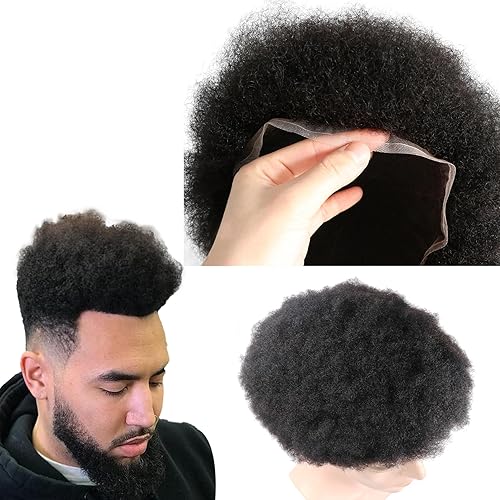 Lumeng Afro Toupee para hombres negros, cabello humano negro para hombre, rizado, tupé, encaje transparente, tejido para hombre, calvicie, unidad de