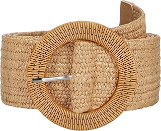 Straw Woven stretchy Waist Belt for Women Dresses,Wide Boho Braided Elastic Belt with Round Buckle - Buy now