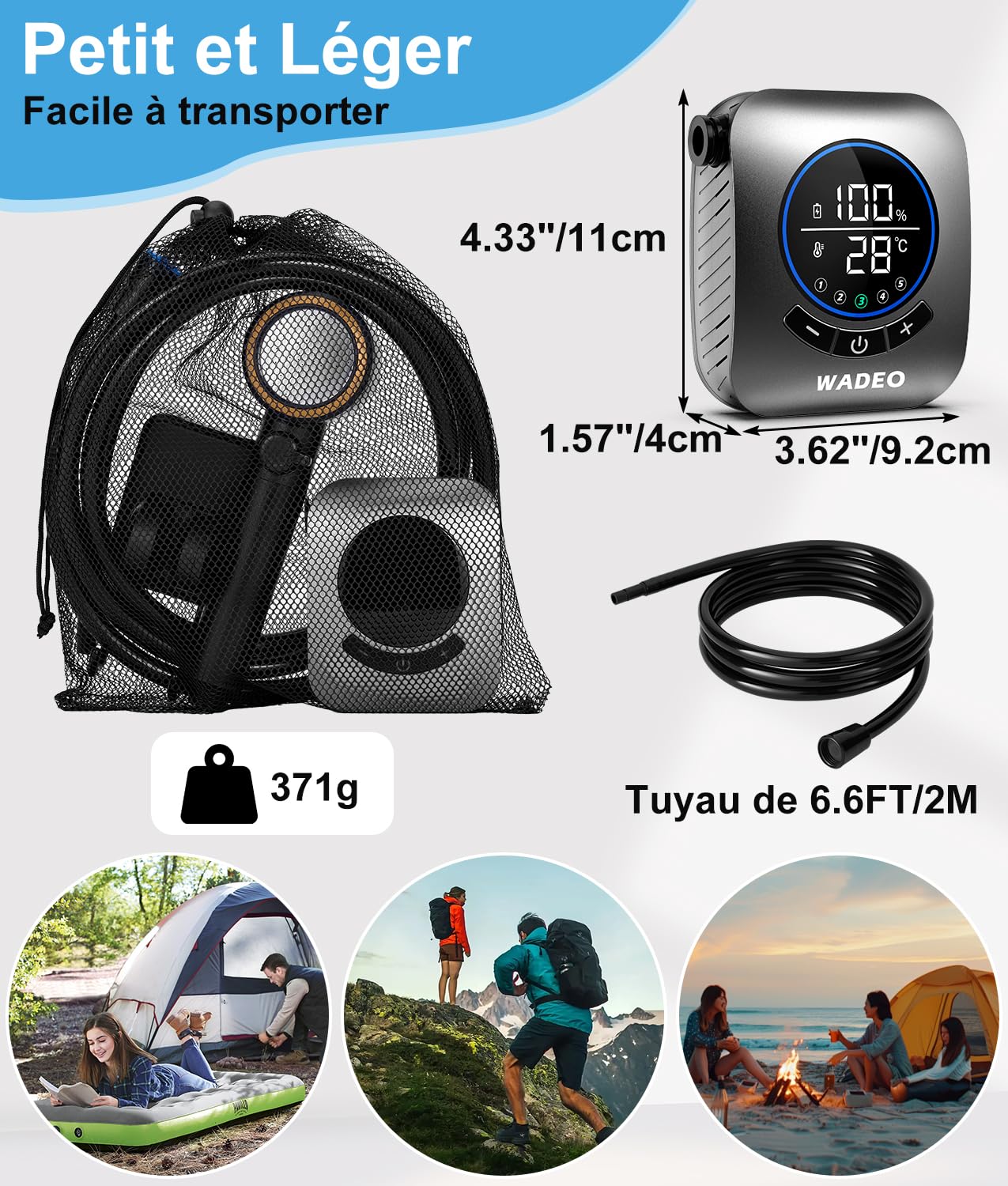 Douche Portable de Camping 8000mAh - Pompe à Eau Étanche IPX8 Avec Écran LED, 5 Niveaux de Pression et 4 Modes de Jet (Connexion Rapide) - pour Randonnée, Voyage, Voiture et Animaux de Compagnie