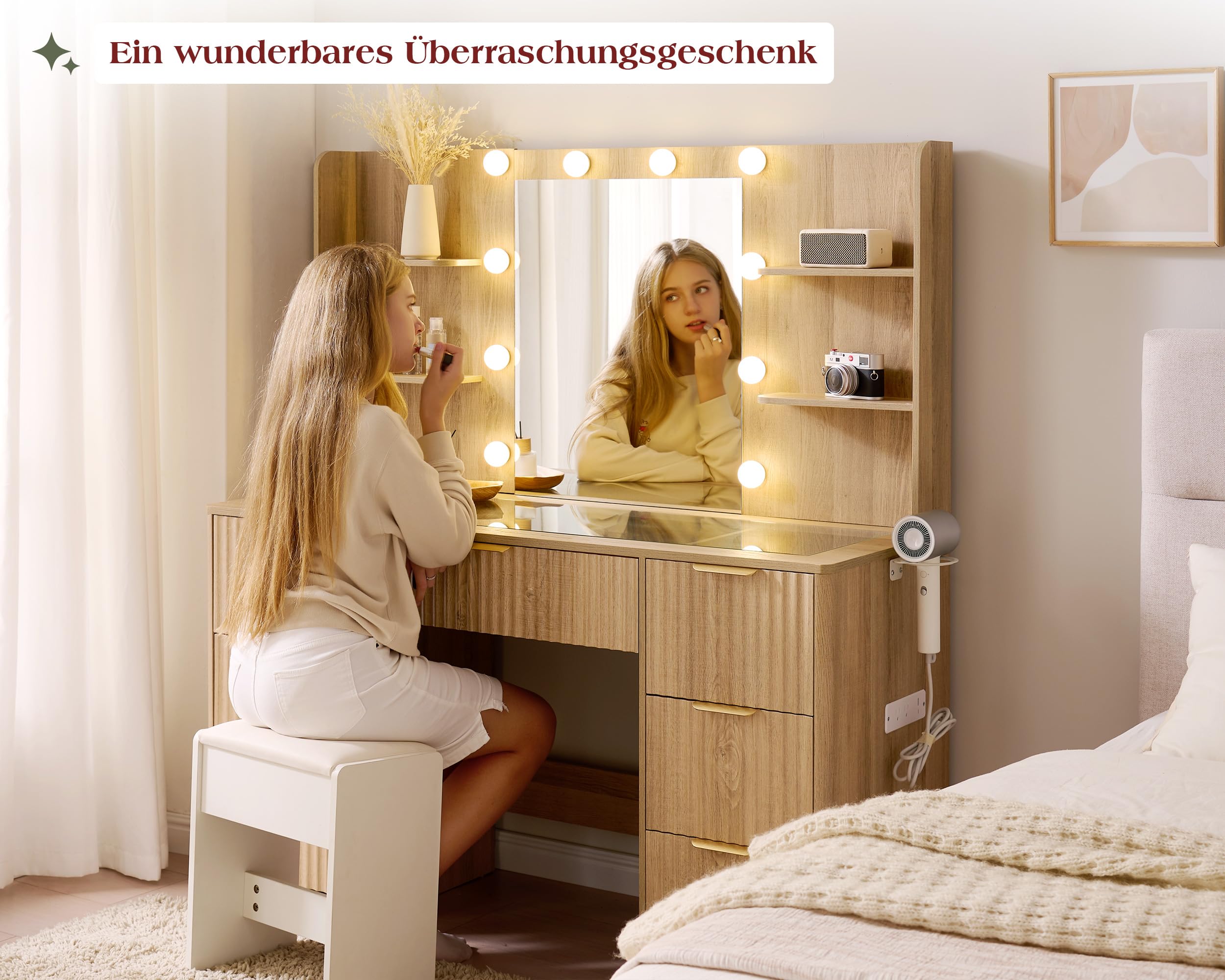 LUXOAK Schminktisch mit Spiegel & 10 LED-Lampen, Großer Frisiertisch mit Glasplatte & Steckdose, 7 Schubladen & Föhnhalterung, Moderner Kosmetiktisch für Schlafzimmer, Eiche