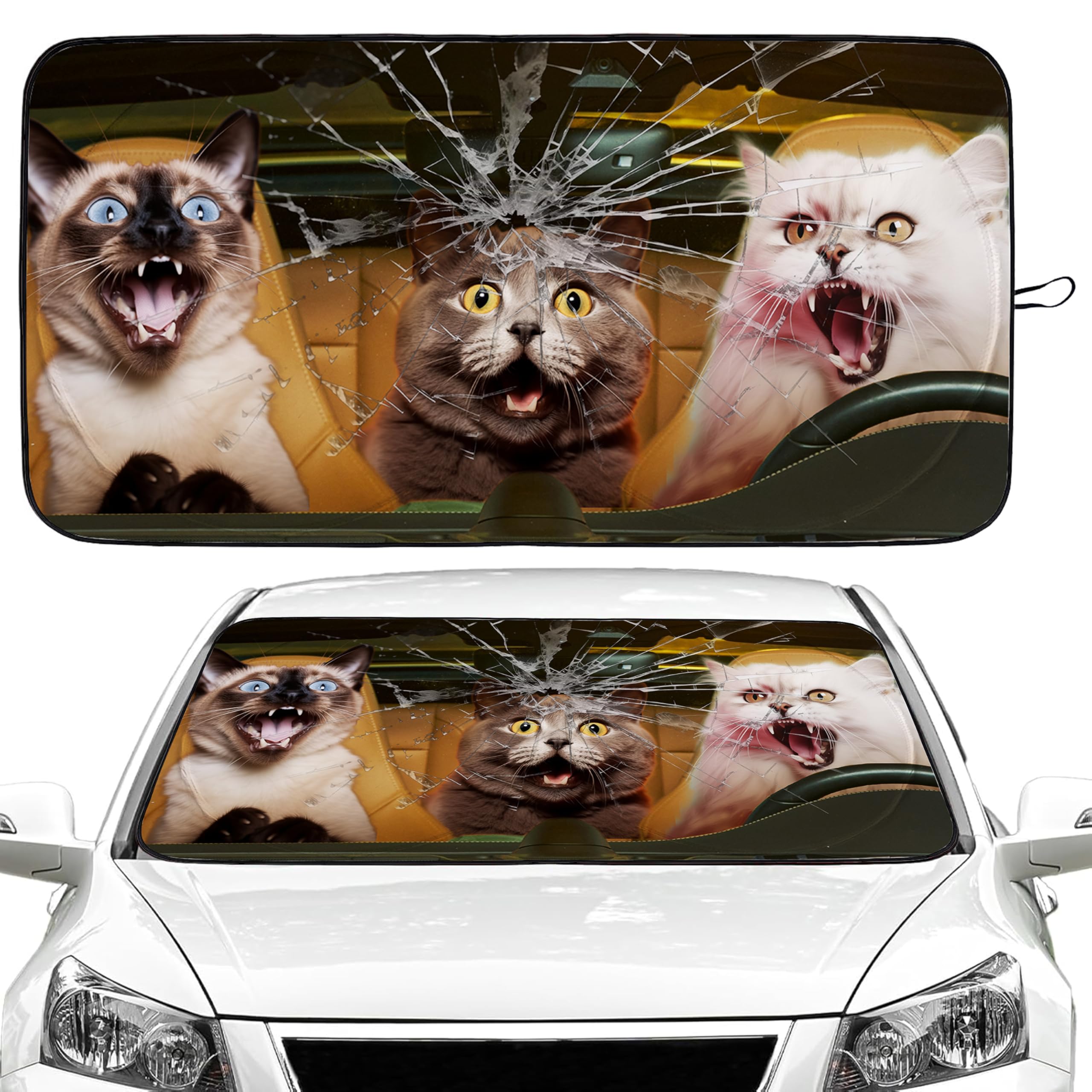 Funny Cat Car Windshield Sun Shade Foldable Sunshade Front Window Cover Sun Visor Protector Accessories (59x27.5 inches)