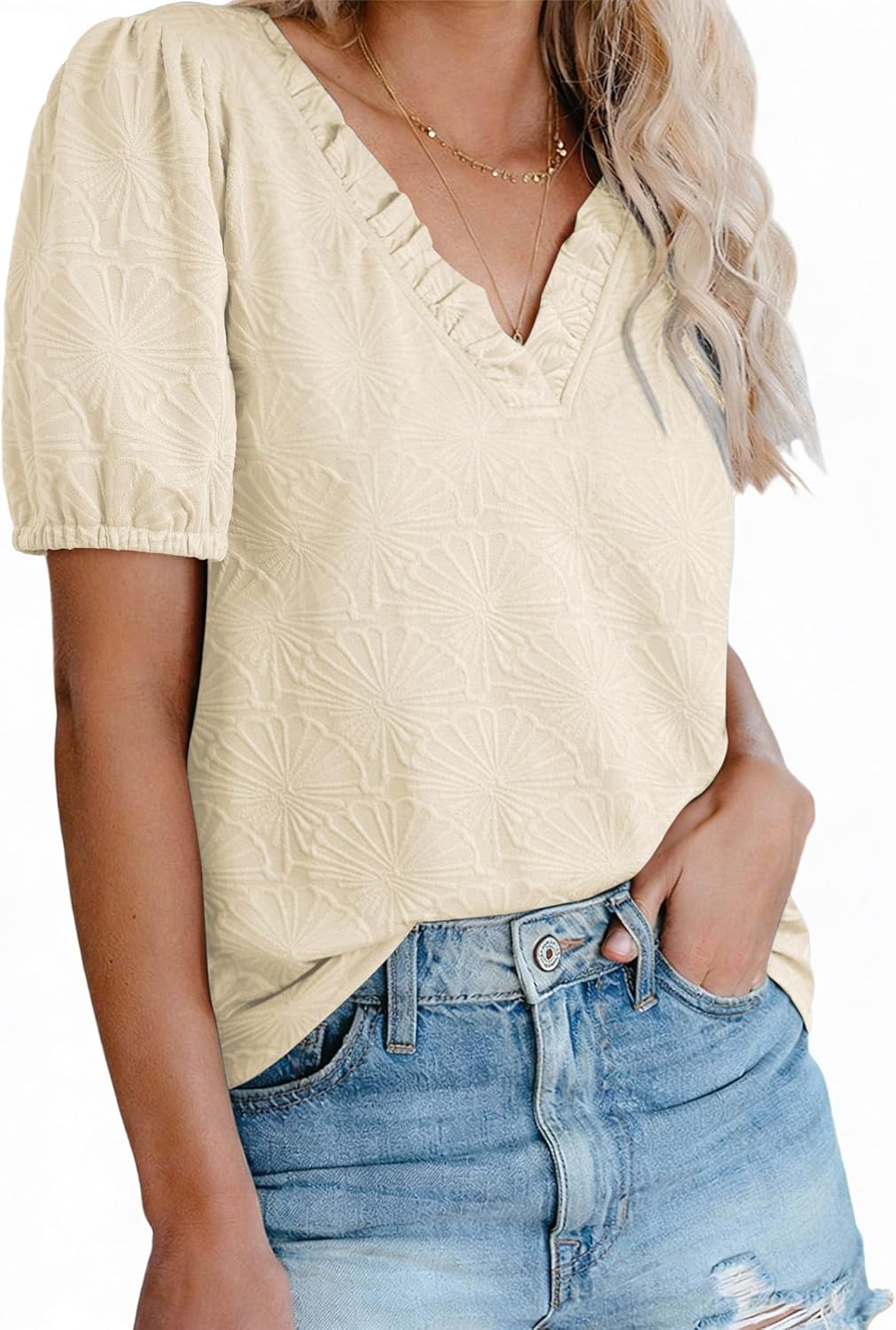 DOKOTOO Women's Casual V Neck Short Sleeve Textured Tops Lettuce Trim T Shirts Tee Blouses - Image 2