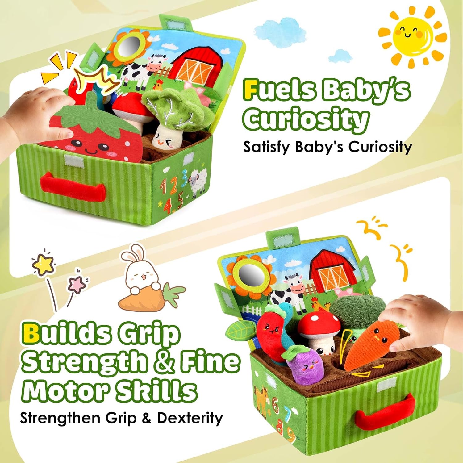 FREYBLI Baby Toys 6-12 Months - Soft Vegetable Garden Plant Plush Toy - 6 Month Old Boy Girl Toys Gifts Easter Basket Stuffers, Montessori Sensory Toy with Rattles, Mirror, Squeaker, Textures, Crinkle