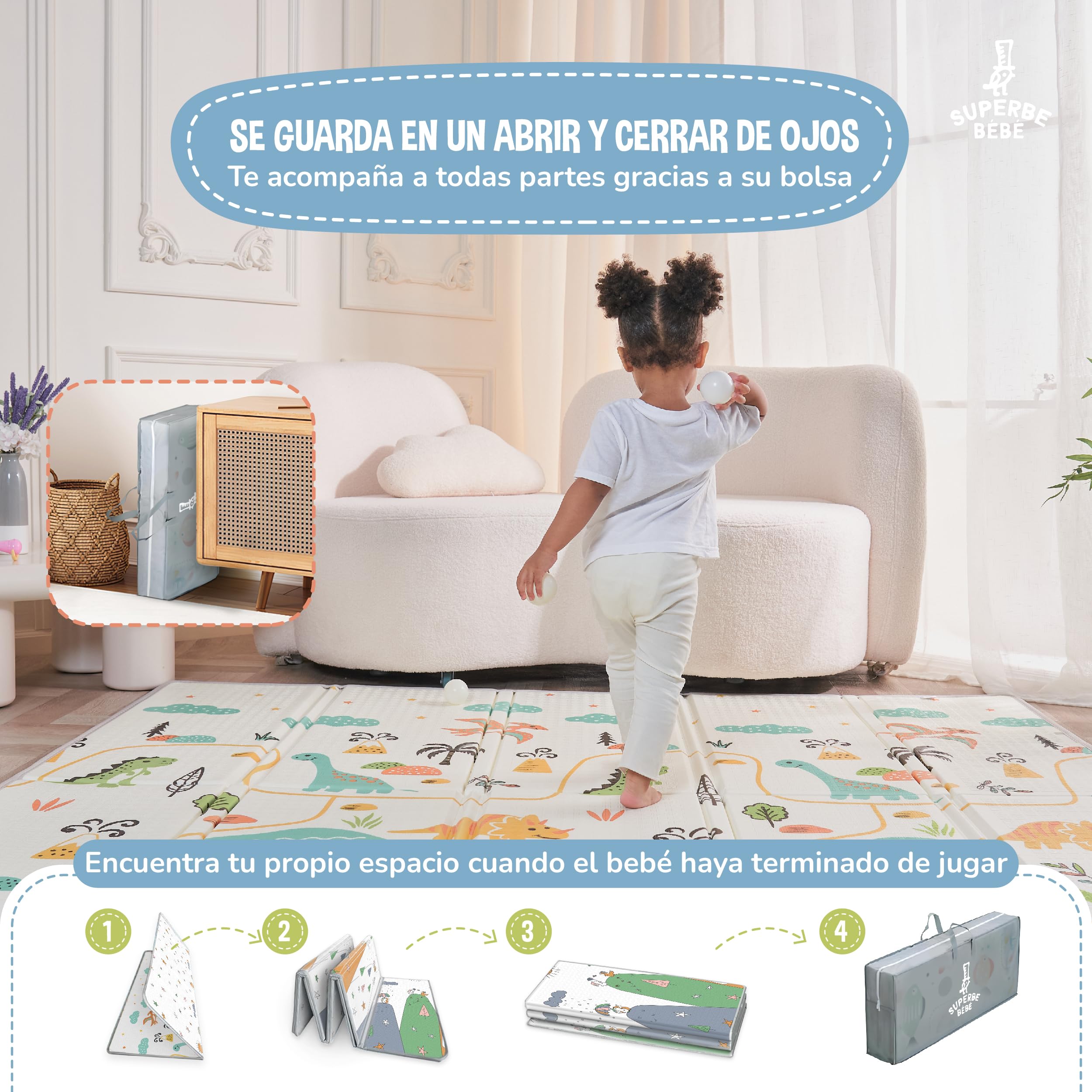 Alfombra Plegable Acolchada 150x180 - Manta Impermeable Reversible para Juegos de Bebé - Gimnasio y Actividades Infantiles