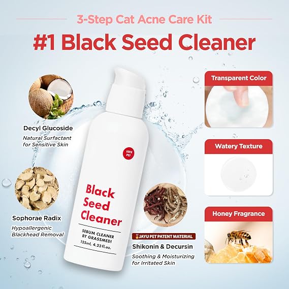 JAYU PET 3-Step Cat Acne Care Kit - Hypoallergenic Cleanser for Feline Acne, Cat Black Chin(1EA) Double-Sided Pads, Cat Acne Chin Wipes(30PCS) Soft Grooming Cat Acne Silicone Brush(1EA)