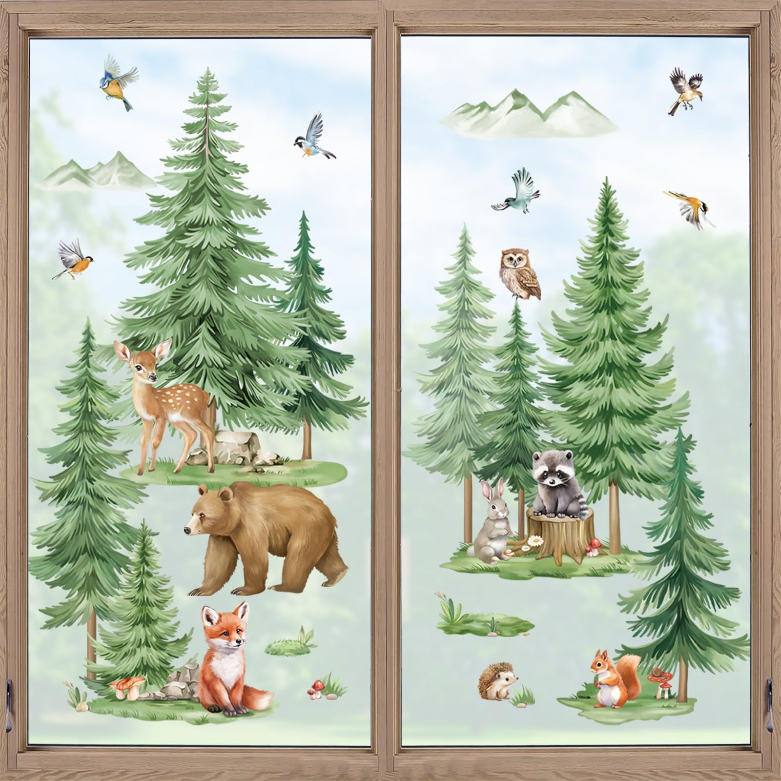 wondever Spring Woodlands Animals Window Clings Pine Tree Bear Deer Glass Sticker Decal Anti Collision Double-Side Static Window Stickers for Kids Bedroom Windows Home Glass