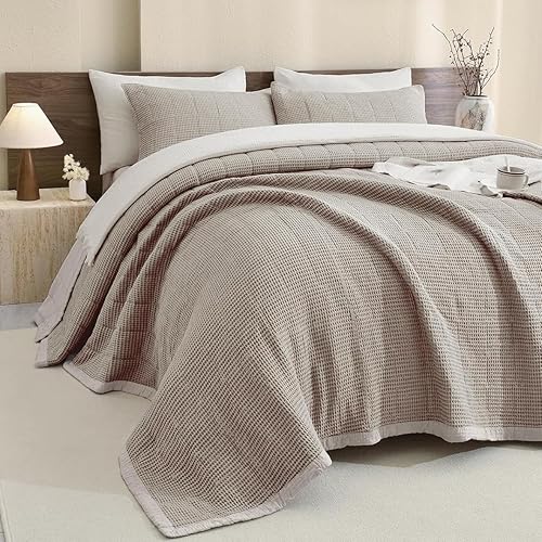 Miniatura 13 de Sanracie Colcha de Algodón King de Gran Tamaño (128"x120"), Juego de Edredón Caqui de Gofre de 3 Piezas, Suave y Ligero, Juego de Ropa de Cama King