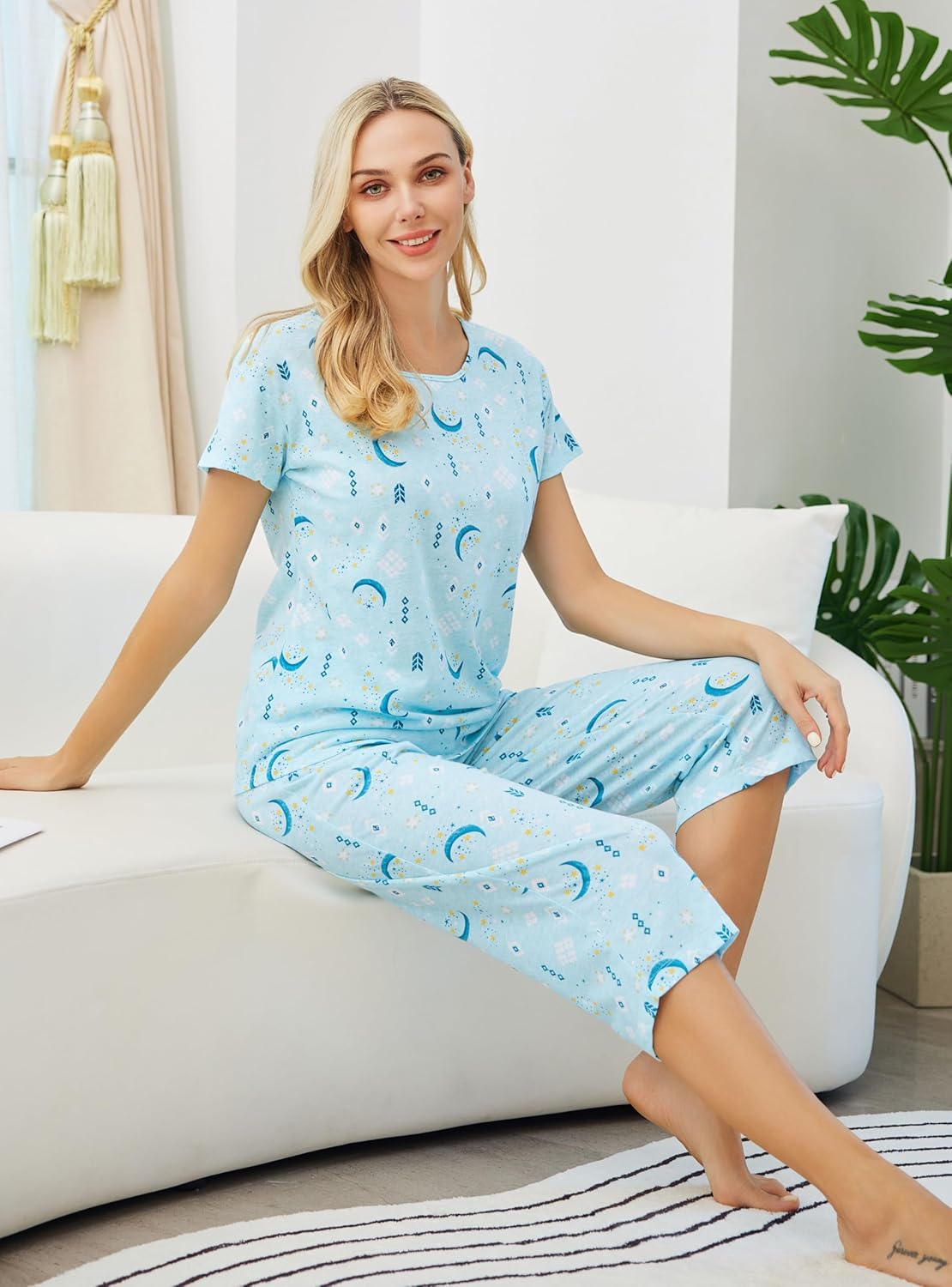 PNAEONG Women’s Pajama Set - Sleepwear Tops with Capri Pants Casual and Fun Prints Pajama Sets SY215-Purple-XL - Image 4