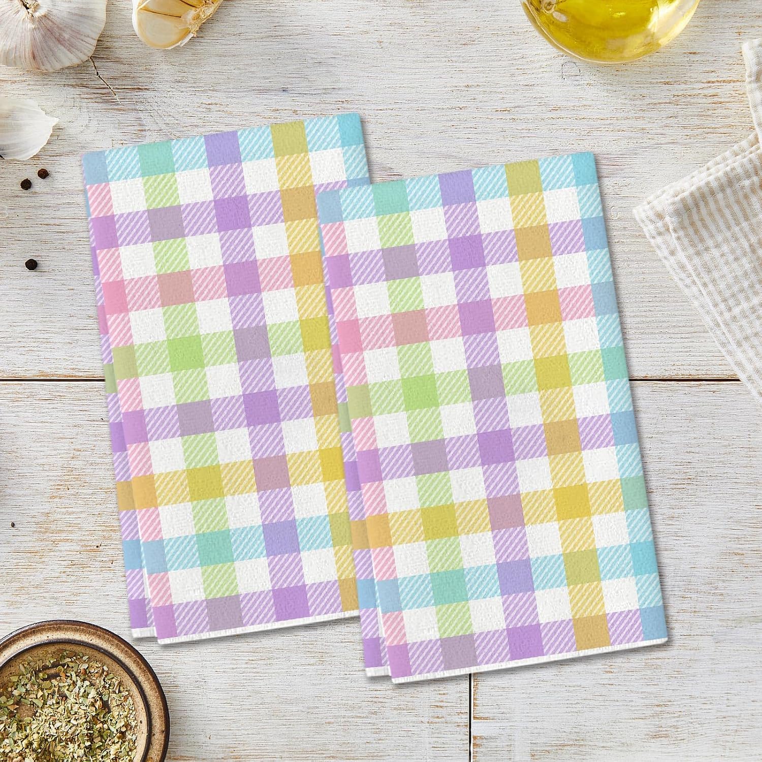 Nepnuser Easter Buffalo Check Plaid Kitchen Towels Spring Holiday Party Decoration Dish Towels 18x26Inch Pastel Home Hand Towels Set of 2