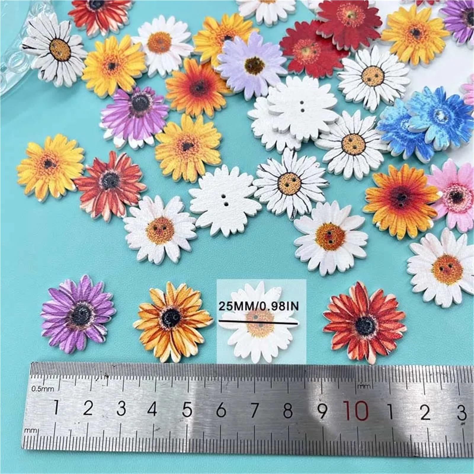 Botones 50/10 botones de madera con forma margarita y girasol for manualidades. Pintados, flor 2 agujeros. Botón plano for Navidad para bricolaje(50pcs)
