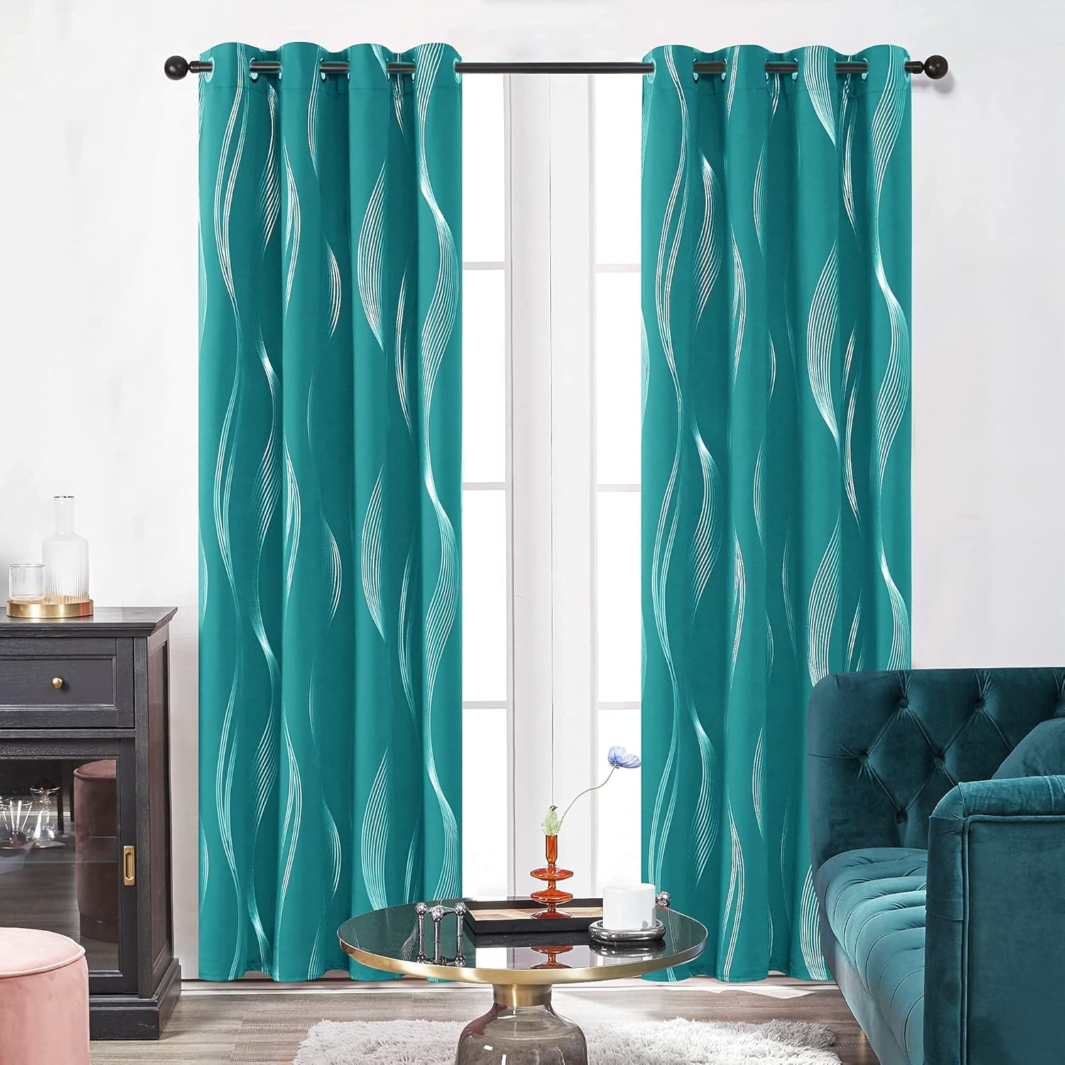 Deconovo Super Soft Blackout Curtains Eyelet Thermal Insulated Energy Saving Silve Wave Foil Printed Curtains for Bedroom 46x72 Inch Turquoise 2 Panels - Image 3