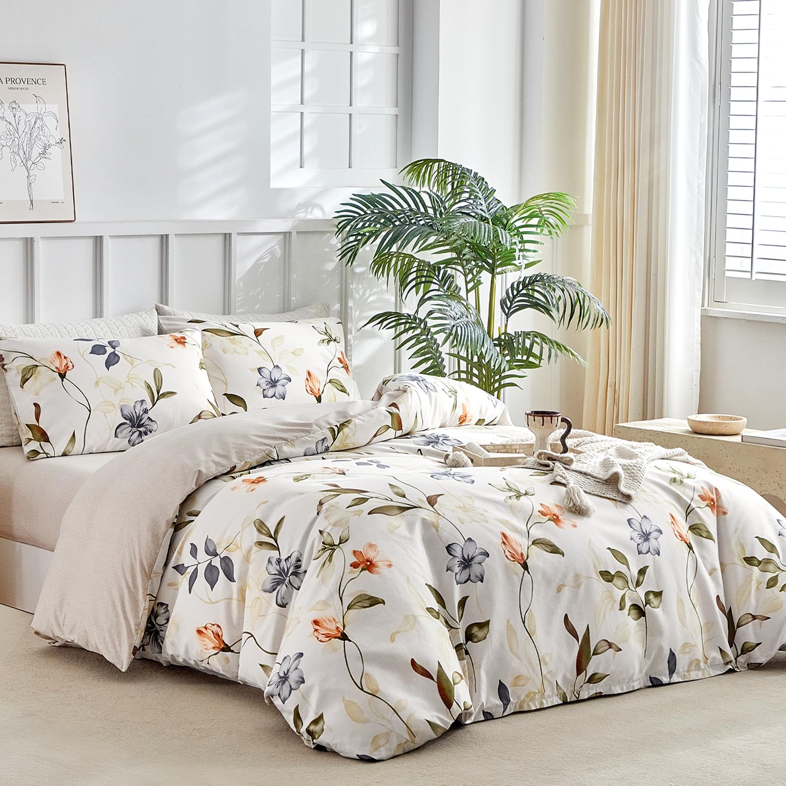 Lekesky King Size Duvet Cover Sets 4 Piece Soft Microfibre Floral Print White King Size Bedding Sets With 1x Duvet Cover 230x220 cm, 2x Envelope Pillowcases, 1x extra 40cm Deep Fitted Bed Sheet โ image 1