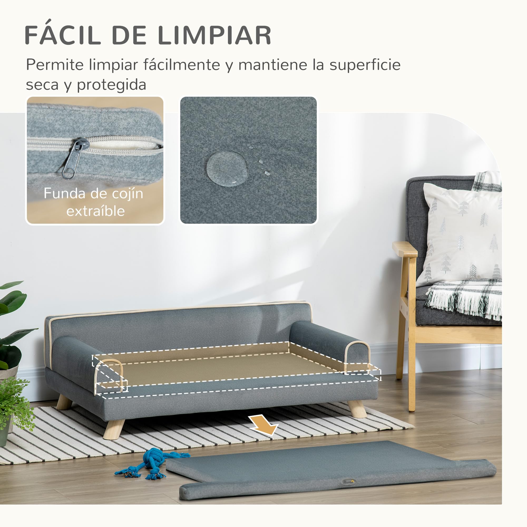 PawHut Sofá para Perros Grandes y Medianos, 100x62x32 cm, Cama Elevada para Perros, Tapizada en Chenilla, con Cojín Lavable y Patas de Madera de Pino, Gris Oscuro