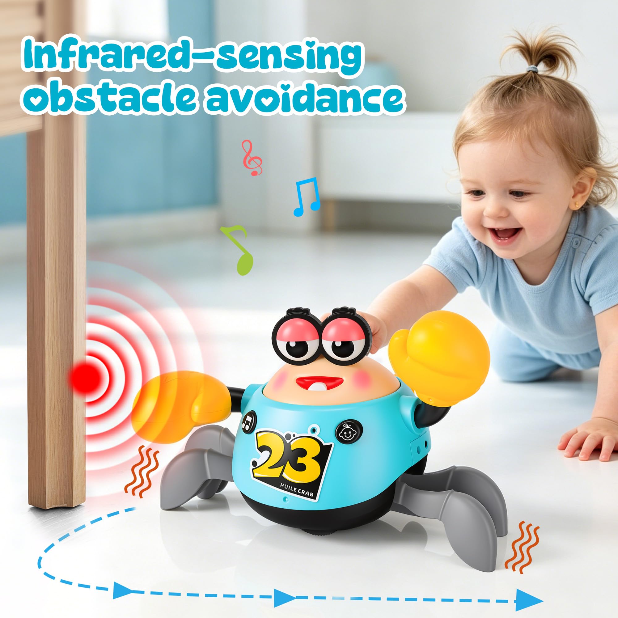 Krabbelspielzeug Baby 6-12 Monate – Tanzende Krabbe mit Musik und Licht | MONKRY Interaktives Krabbel Spielzeug mit Automatischer Hindernisvermeidung, Tummy Time Toy Geschenk für Jungen und Mädchen