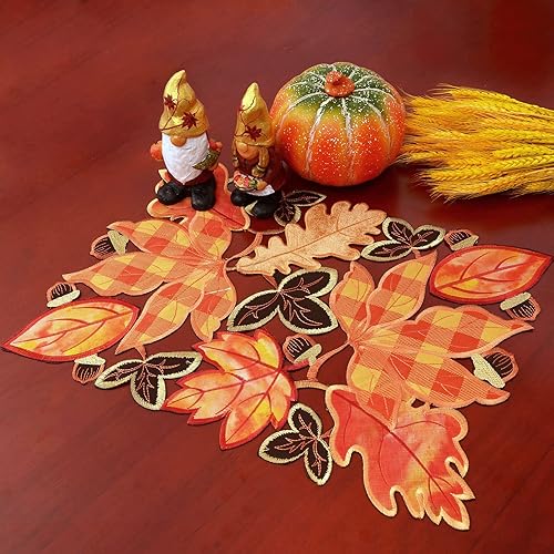 Miniatura 3 de Simhomsen Manteles individuales bordados de hojas de arce a cuadros para Acción de Gracias, decoración de cosecha de otoño (13 x 19 pulgadas, juego