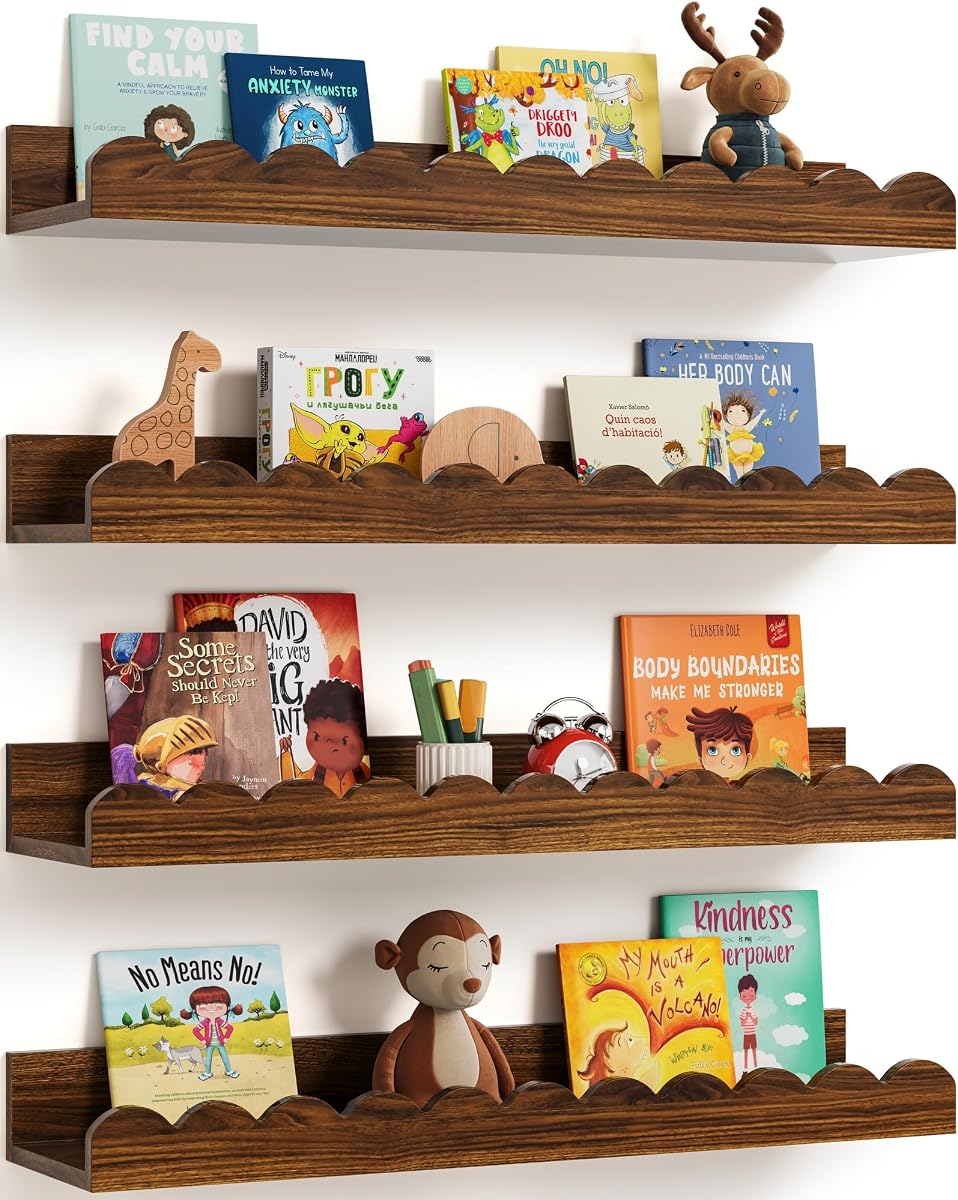 Scalloped Wall Bookshelves for Nursery, Floating Wooden Book Shelves for Kids Room, White Nursery Shelves for Wall, Baby & Toddler Room Decor