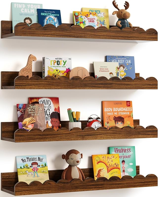 Scalloped Wall Bookshelves for Nursery, Floating Wooden Book Shelves for Kids Room, White Nursery Shelves for Wall, Baby & Toddler Room Decor