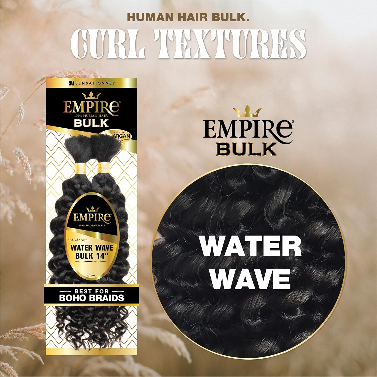 Sensationnel Empire Bulk Braiding – Water Wave Human Hair Braids for Knotless Boho Box or Curly Loosewave Styles 1 pack (14 inch, 1 JETBLACK)