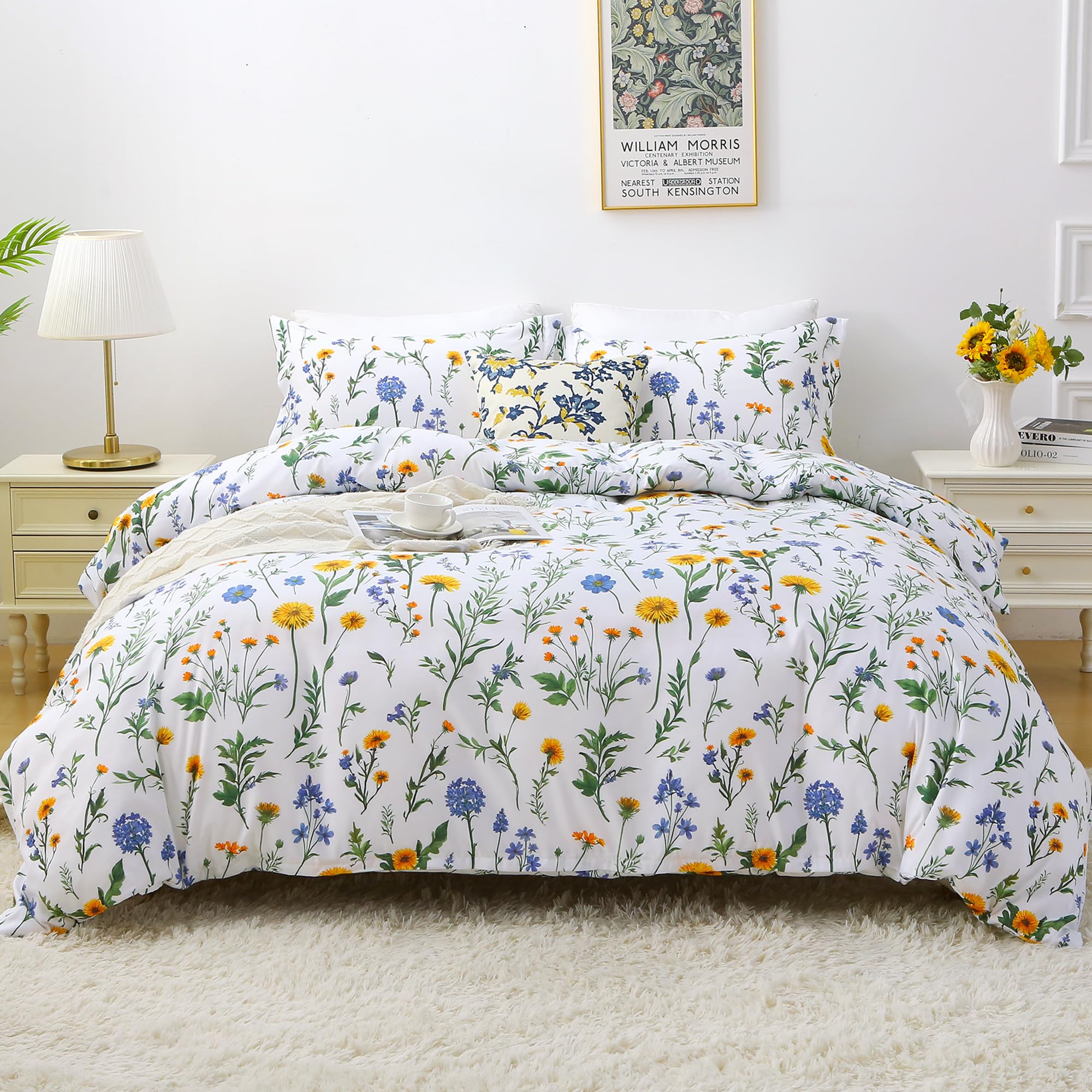 Mooreeke Duvet Cover Full Size, 3 Piece Dandelion Floral Duvet Cover Set with Zipper Closure, Soft & Breathable Microfiber Botanical Patterned Bedding Set with 4 Corner Ties and 2 Pillow Shams