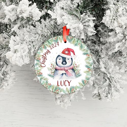 Miniatura 5 de Adorno de Navidad personalizado para niños con nombre y fecha, 6 diseños, cerámica personalizada de 3 pulgadas, adorno de Navidad redondo 2024, Papá