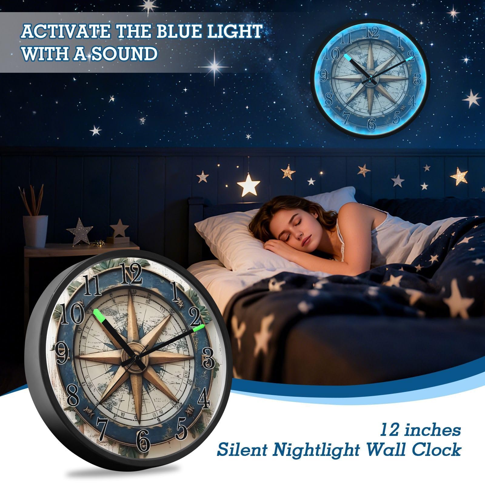 ALAZA Reloj de pared de madera con brújula náutica rústica que brilla en la oscuridad, funciona con pilas, 12 pulgadas, silencioso, sin tictac, luz nocturna para dormitorio