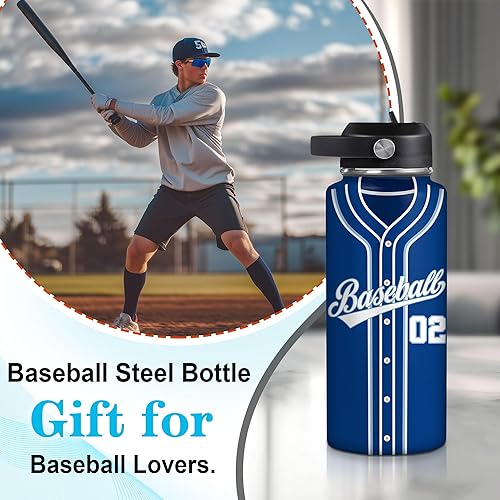 Vista 125 de Hyturtle Botella de agua de béisbol personalizada, botella de acero inoxidable aislada de viaje con tapa a prueba de fugas, 18 onzas, 32 onzas
