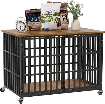48 Inch Dog Crate Furniture for Extra Large Dogs, Rustic Heavy Duty End Table & Pet House Chew-Proof, Escape-Proof Kennel for High Anxiety Dogs Decorative Indoor Wooden Cage in Black and Brown