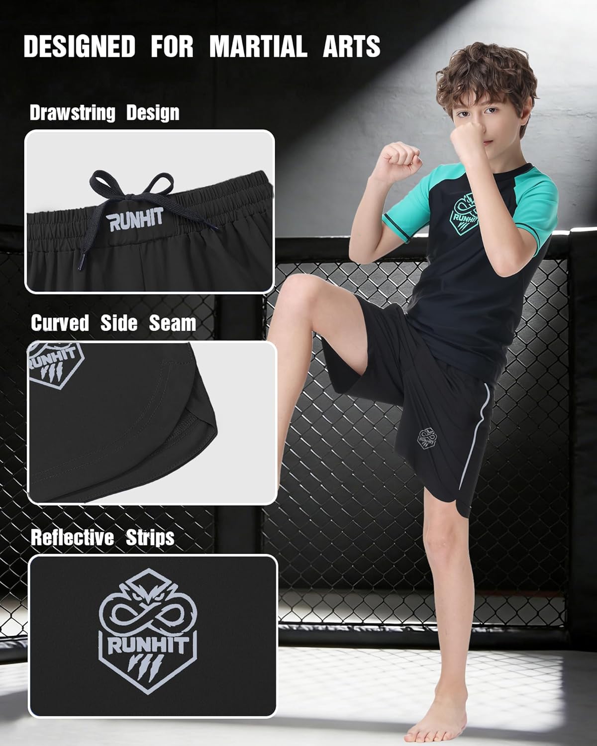 Runhit Kids MMA BJJ Wrestling Shorts, Youth Boys No Gi Grappling Shorts for Boxing, Jiu Jitsu, Muay Thai, Training - Image 3