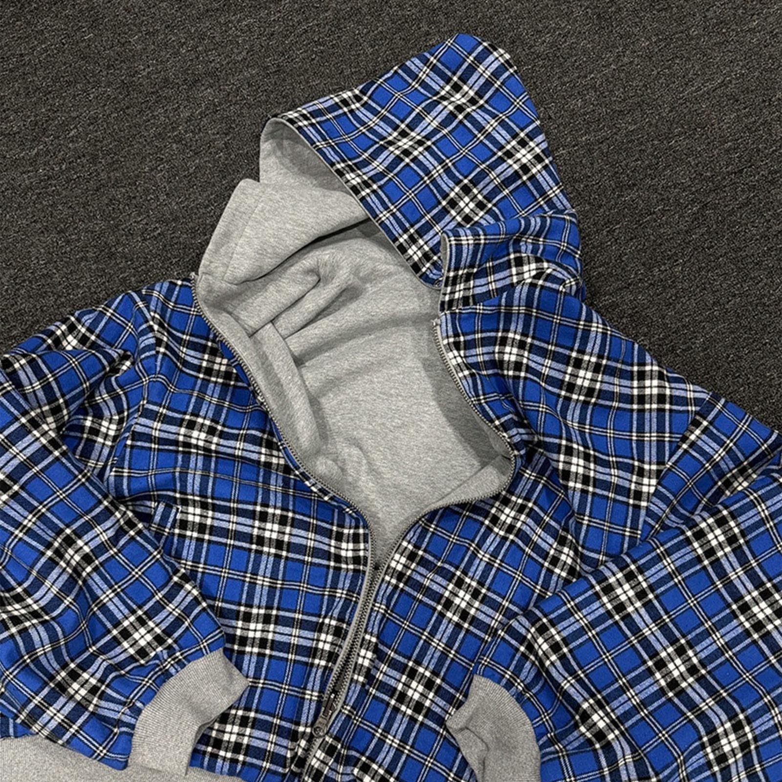 Felpa con Cappuccio E Cerniera Stampata A Quadri da Uomo Autunno E Inverno Moda retrò Manica Lunga con Tasca Felpa con Cappuccio da Strada Giacca Reversibile