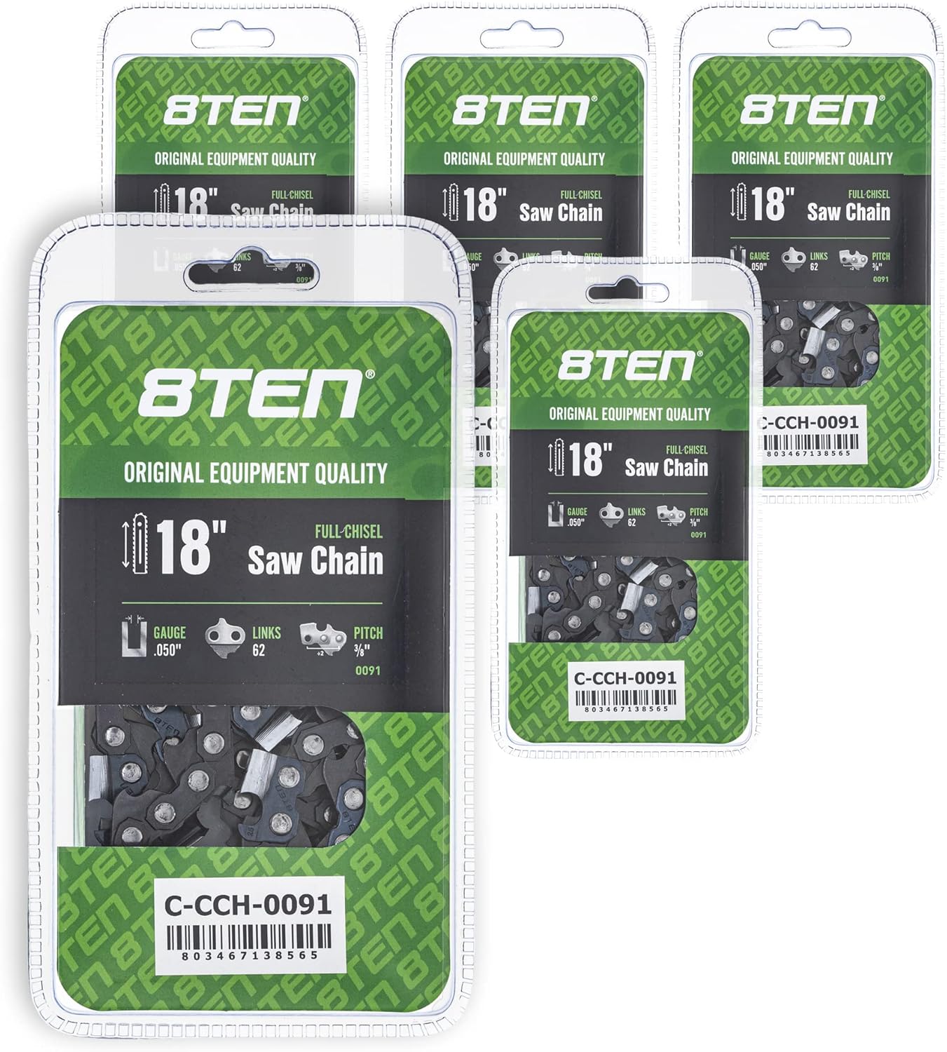 8TEN Full Chisel Chainsaw Chain 18 Inch .050 3/8 62DL for Husqvarna 235 240 Stihl Echo CS300 (5 Pack)