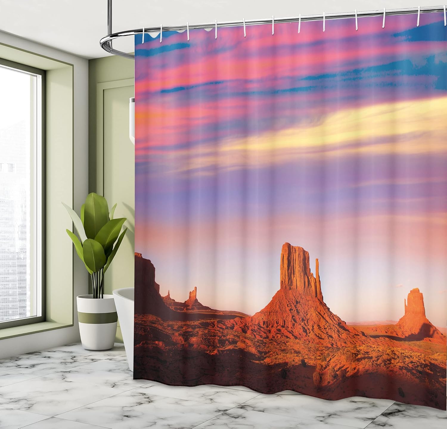 Ambesonne United States Shower Curtain, Monument Valley West and Merrick Butte Sunset Utah Desert, Cloth Fabric Bathroom Decor Set with Hooks, 69" W x 70" L, Dark Orange Pink Blue